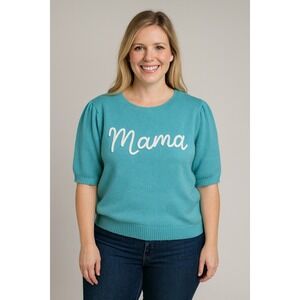 Haptics Women's Blue‎ Short Sleeve Mama Embroidered Chunky Knit Sweater SIZE 2XL
